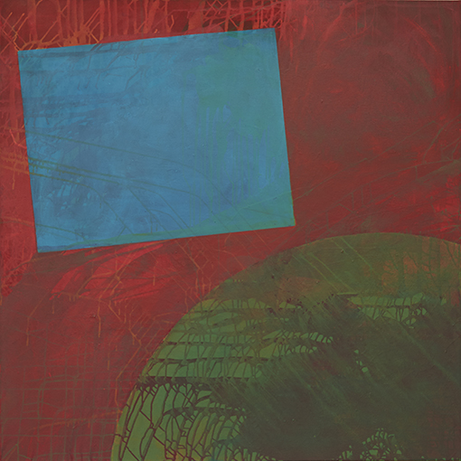 Painting of blue rectangle and green circle on red background